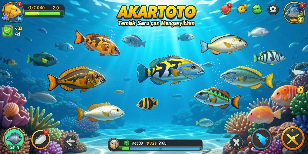 Tampilan gameplay AKARTOTO dengan aksi menembak ikan yang seru.