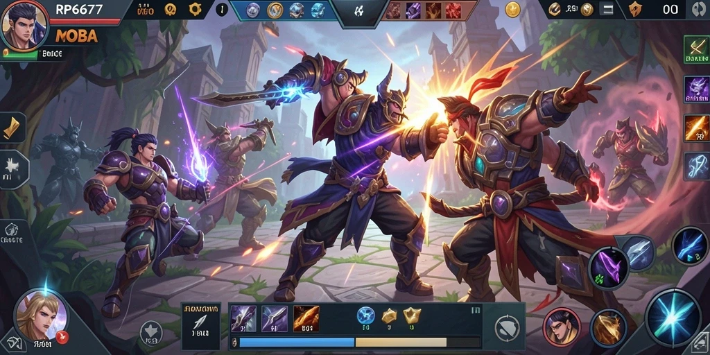 Tampilan aksi intens dalam gameplay MOBA RP6677.